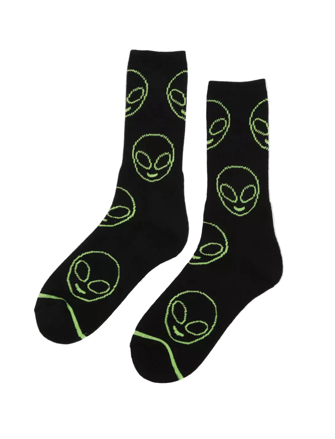 Black socks with green alien face patterns on a white background