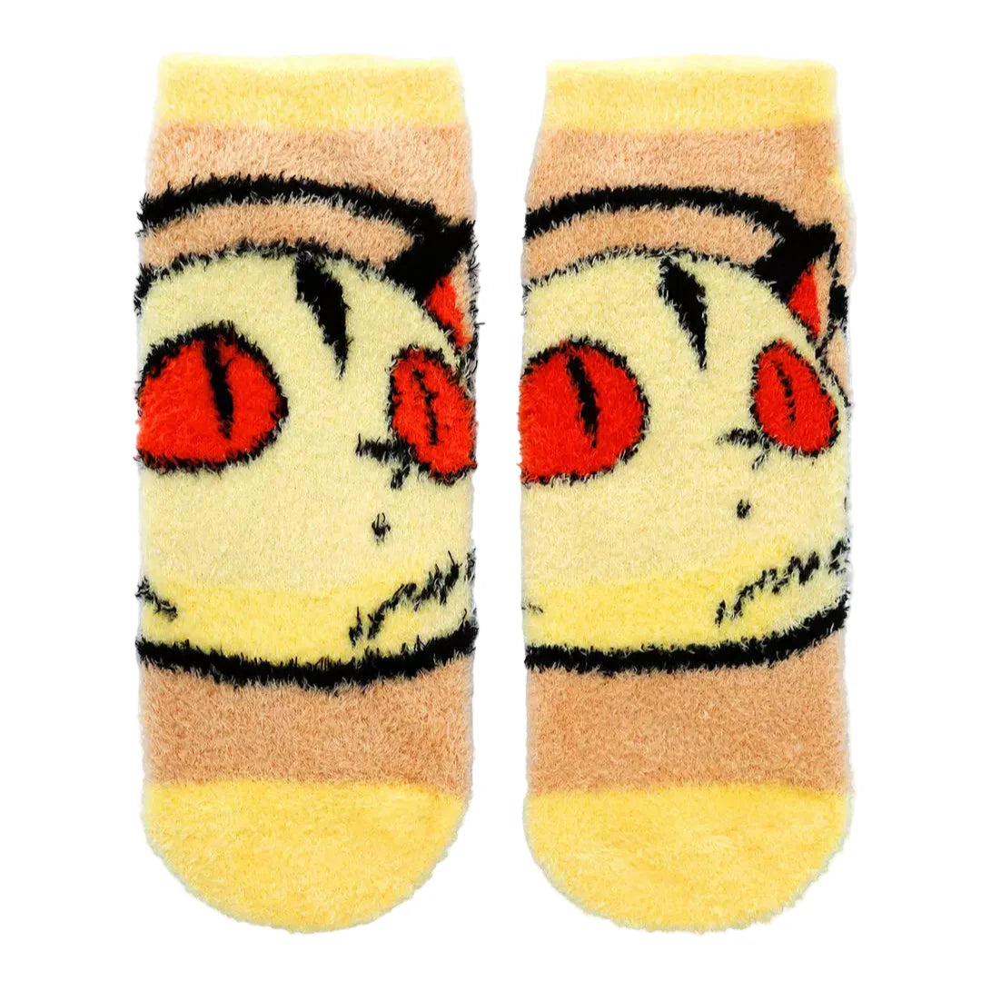 Pair of socks with a cartoon character design on a white background