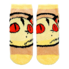 Pair of socks with a cartoon character design on a white background