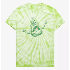 Green tie-dye t-shirt with a graphic design on a white background