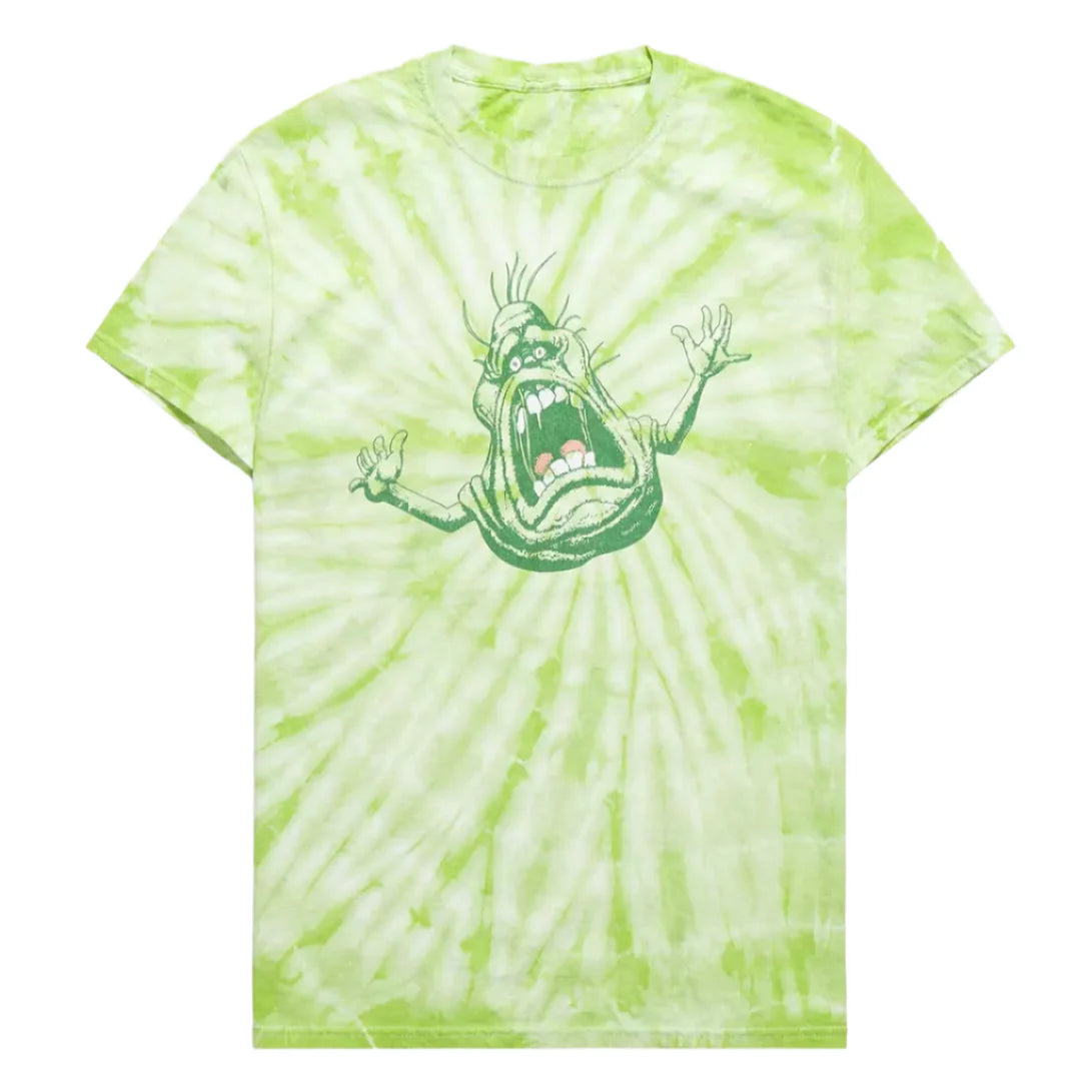 Green tie-dye t-shirt with a graphic design on a white background