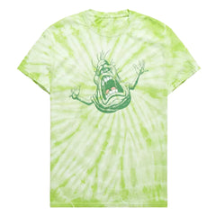 Green tie-dye t-shirt with a graphic design on a white background
