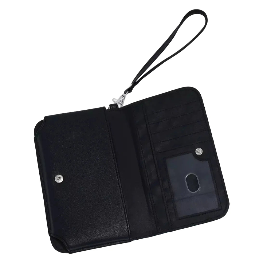 Black wallet with wrist strap on a white background