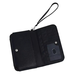 Black wallet with wrist strap on a white background