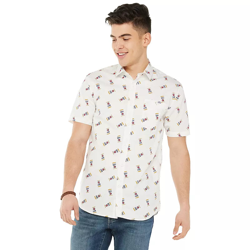 Men's Miller Can Beer Button Up Woven Shirt with Logo Pattern