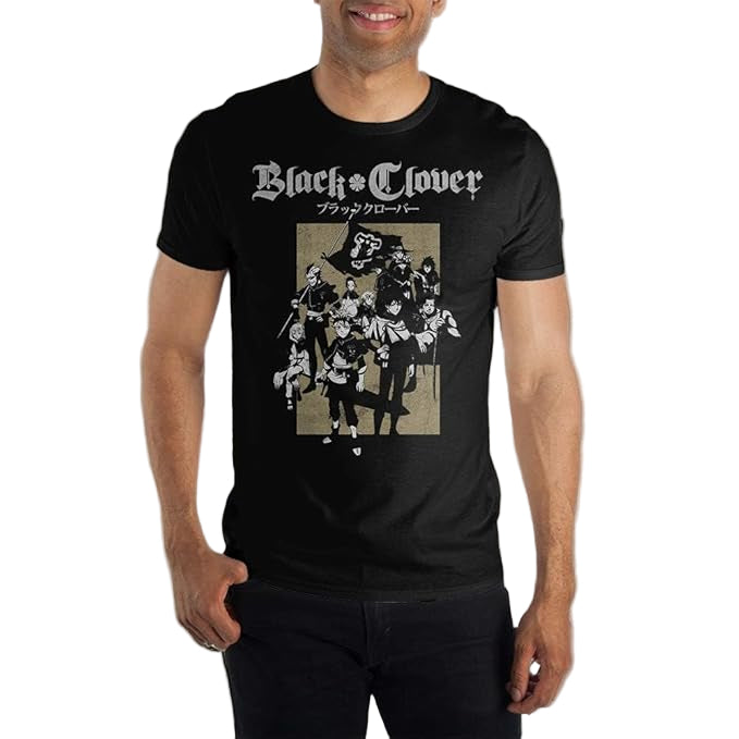 Person wearing a black 'Black Clover' t-shirt with character design on a gray background
