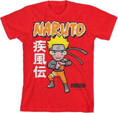 Youth Boys Naruto Shippuden Chibi Character Pixel Art Tee T-Shirt Red