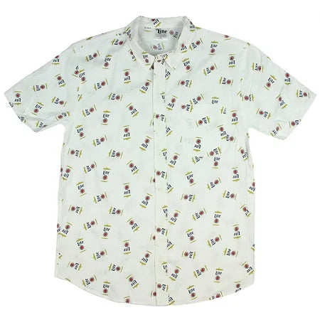 Men's Miller Can Beer Button Up Woven Shirt with Logo Pattern