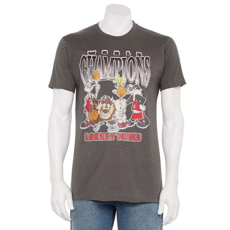 Men's Grey Looney Tunes World Champions Vintage Graphic Tee T-Shirt