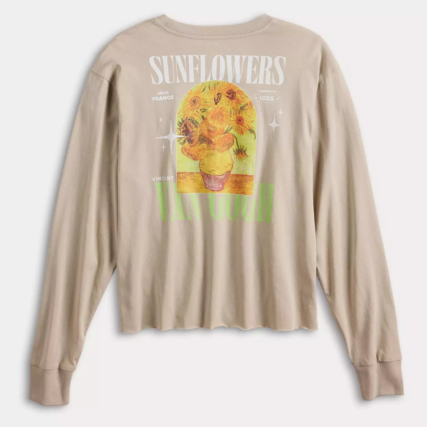 Beige long-sleeve shirt with sunflower graphic and text on a white background