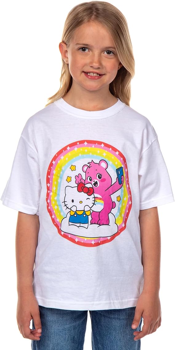 Hello Kitty and Friends x Care Bears Girls' T-Shirt Cheer Bear and Kitty Selfie Pose Kids Tee