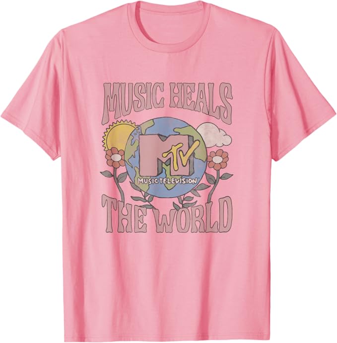 Women Junior's MTV Vintage Earth Day Music Heals The World Groovy Poster T-Shirt