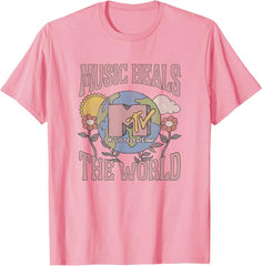 Women Junior's MTV Vintage Earth Day Music Heals The World Groovy Poster T-Shirt