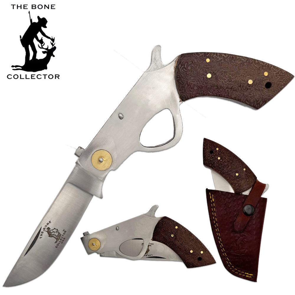 BC 868-RW 6" Bone Collector Rosewood Gun-Handle Folding Knife with Leather Sheath