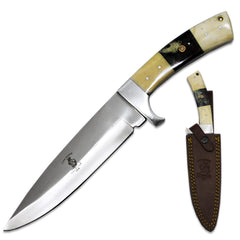 BC 882-WBK 12" Bone Collector White & Black Bovine Handle Hunting Knife with Leather Sheath