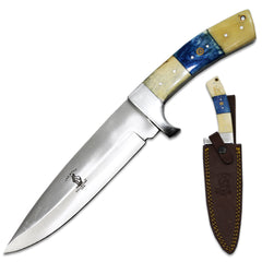 BC 882-WBL 12" Bone Collector White & Blue Bovine Handle Hunting Knife with Leather Sheath