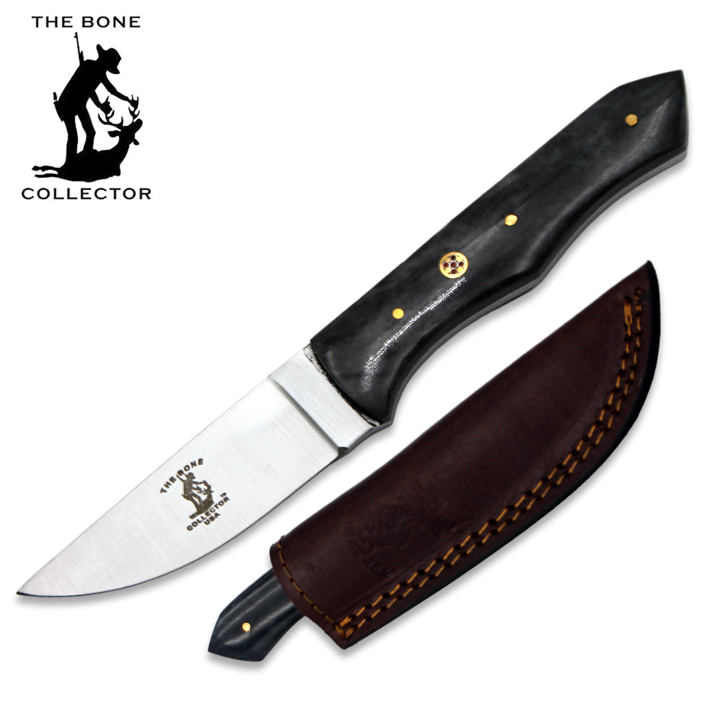 BC 884-BKBN 8" Bone Collector Black Bovine Bone Handle Hunting Knife with Leather Sheath