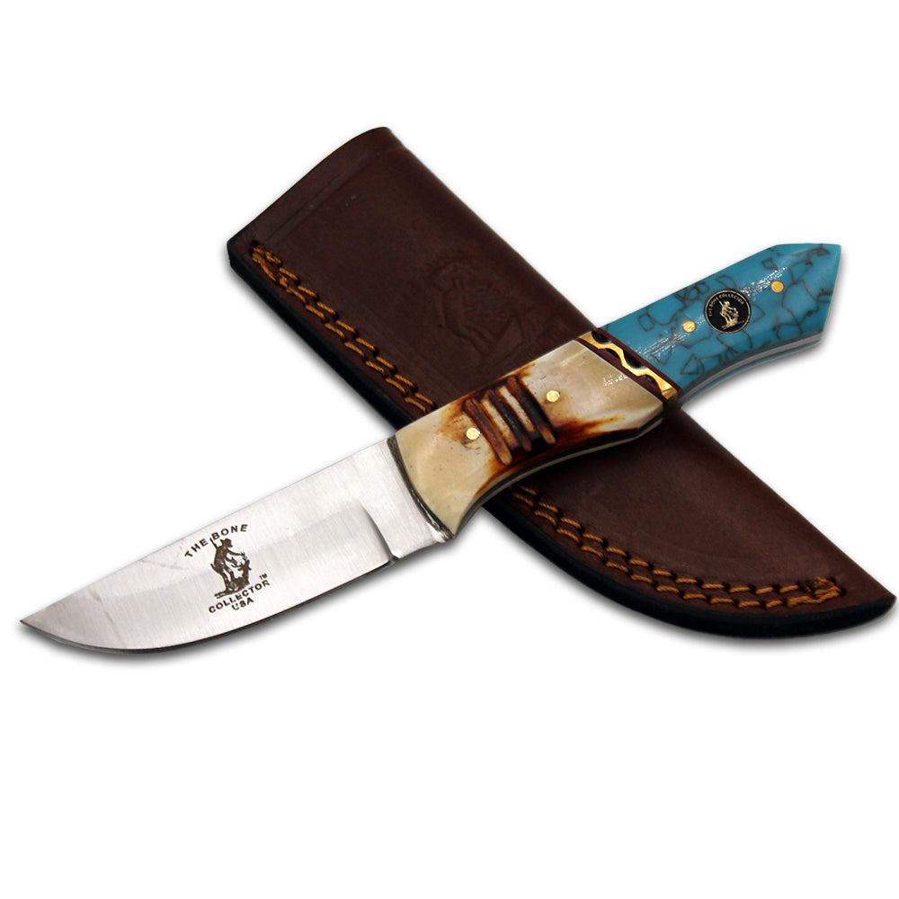 BC 897-A 8" Bone Collector Burn Bone & Turquoise Resin Handle Hunting Knife with Leather Sheath