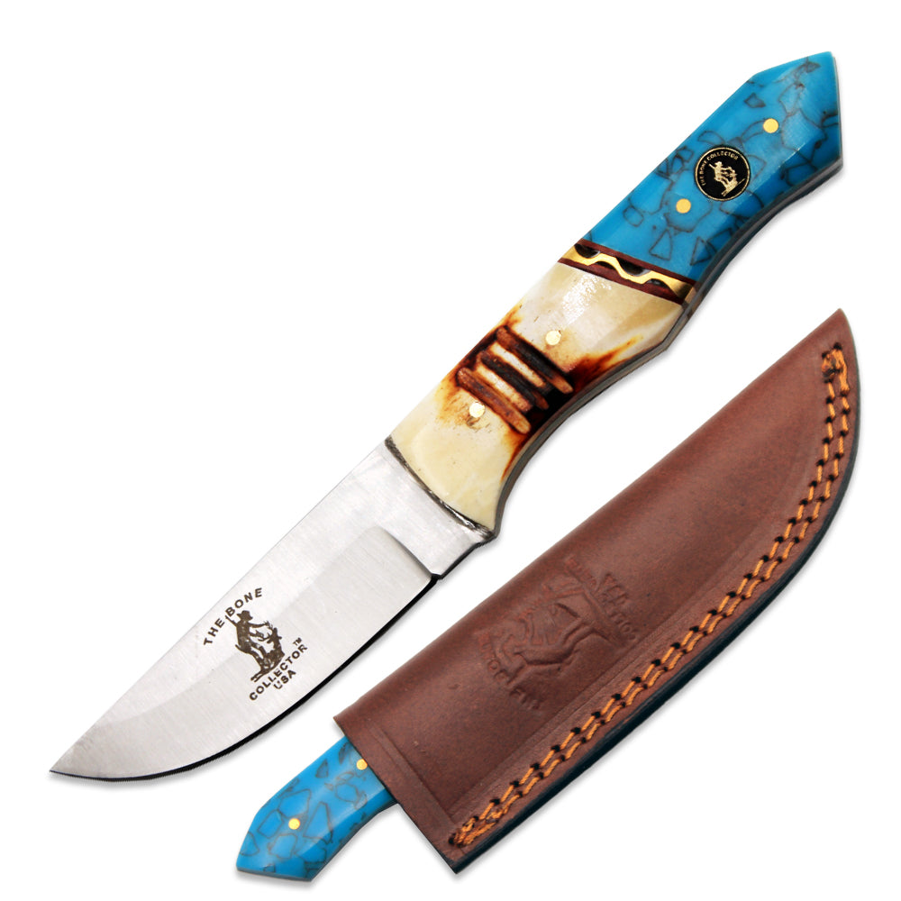 BC 897-A 8" Bone Collector Burn Bone & Turquoise Resin Handle Hunting Knife with Leather Sheath