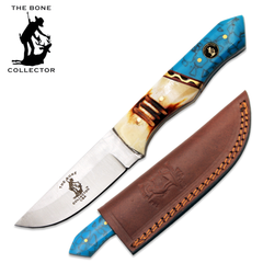 BC 897-A 8" Bone Collector Burn Bone & Turquoise Resin Handle Hunting Knife with Leather Sheath