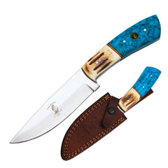 BC 898-C 10" Bone Collector Burn Bovine & Turquoise Resin Handle Hunting Knife with Leather Sheath