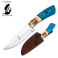 BC 898-C 10" Bone Collector Burn Bovine & Turquoise Resin Handle Hunting Knife with Leather Sheath