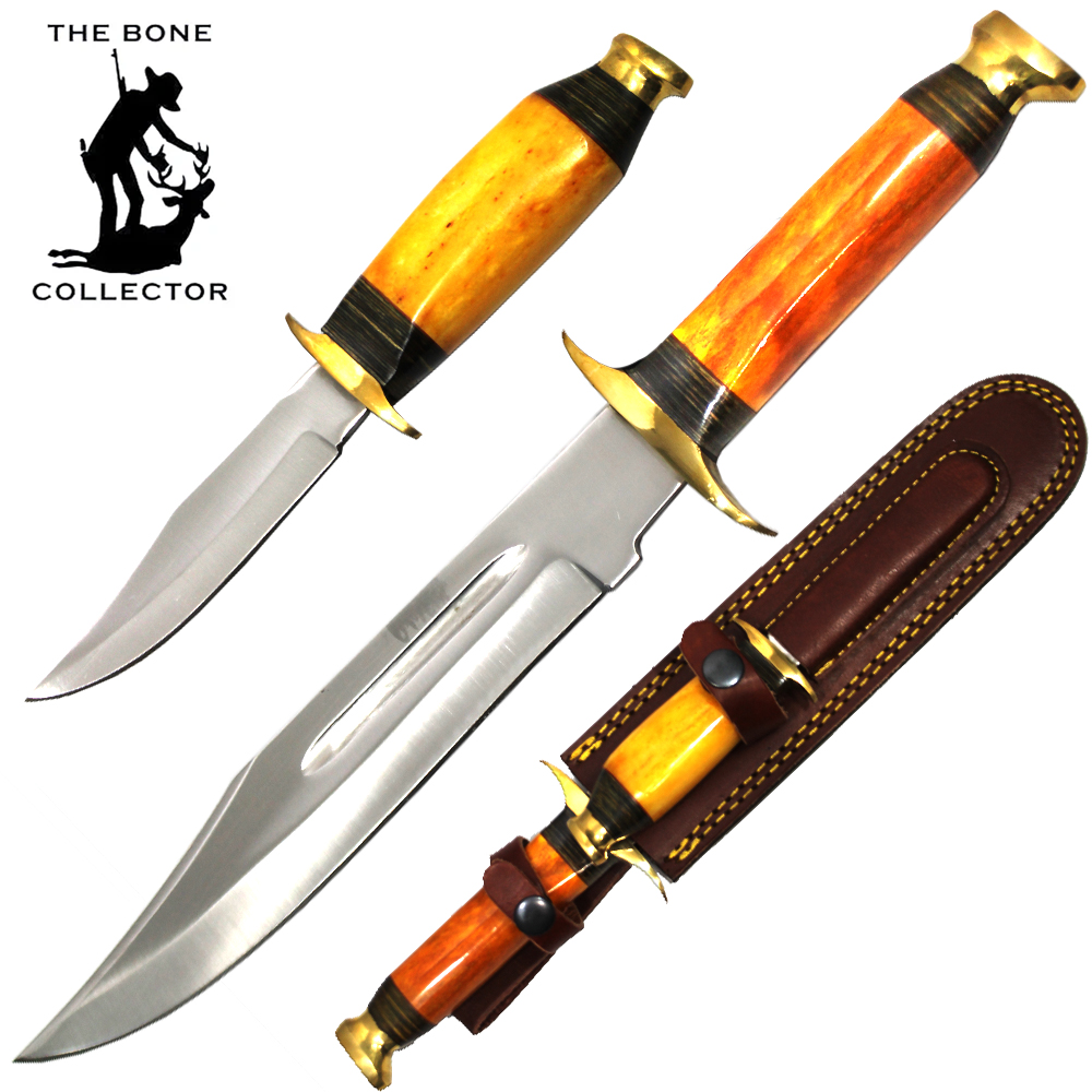 BC 2011-11YBN 13.5" & 8" Bone Collector Yellow Bovine Bone Handle Hunting Knife Set with Leather Sheath