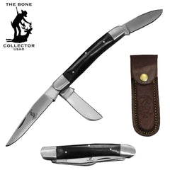 BC 869-BKBN 5" Black Bone Collector 3 Blade Bone Handle Folding Knife with Leather Sheath - Rex Distributor, Inc. Wholesale Licensed Products and T-shirts, Sporting goods,