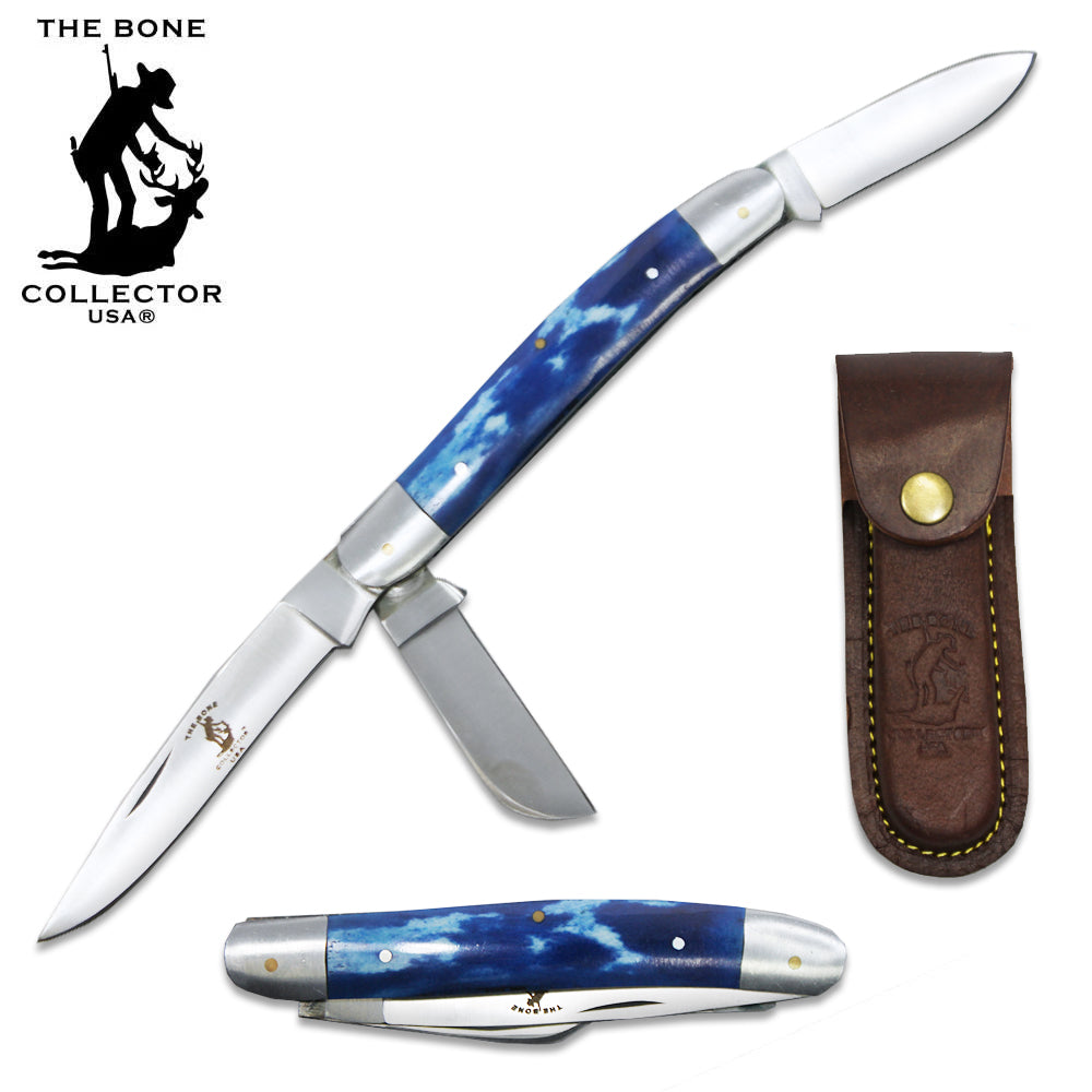 BC 869-BLBN 5" Blue Bone Collector 3 Blade Bone Handle Folding Knife with Leather Sheath - Rex Distributor, Inc. Wholesale Licensed Products and T-shirts, Sporting goods,