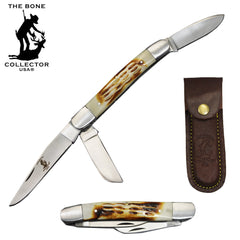 BC 869-BN 5" Burn Bone Collector 3 Blade Bone Handle Folding Knife with Leather Sheath - Rex Distributor, Inc. Wholesale Licensed Products and T-shirts, Sporting goods,