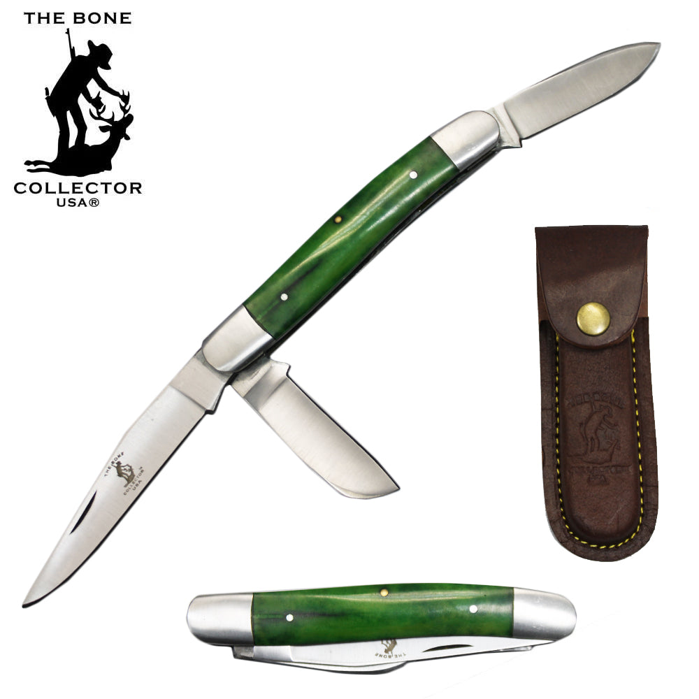 BC 869-GN 5" Green Bone Collector 3 Blade Bone Handle Folding Knife with Leather Sheath