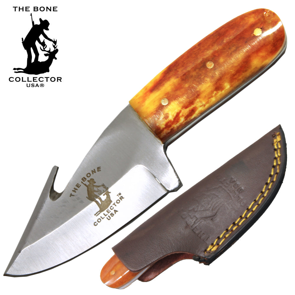 BC 874-YBN 5.25" Bone Collector Yellow Handle Gut Hook Skinner Knife with Leather Sheath - Rex Distributor, Inc. Wholesale Licensed Products and T-shirts, Sporting goods,