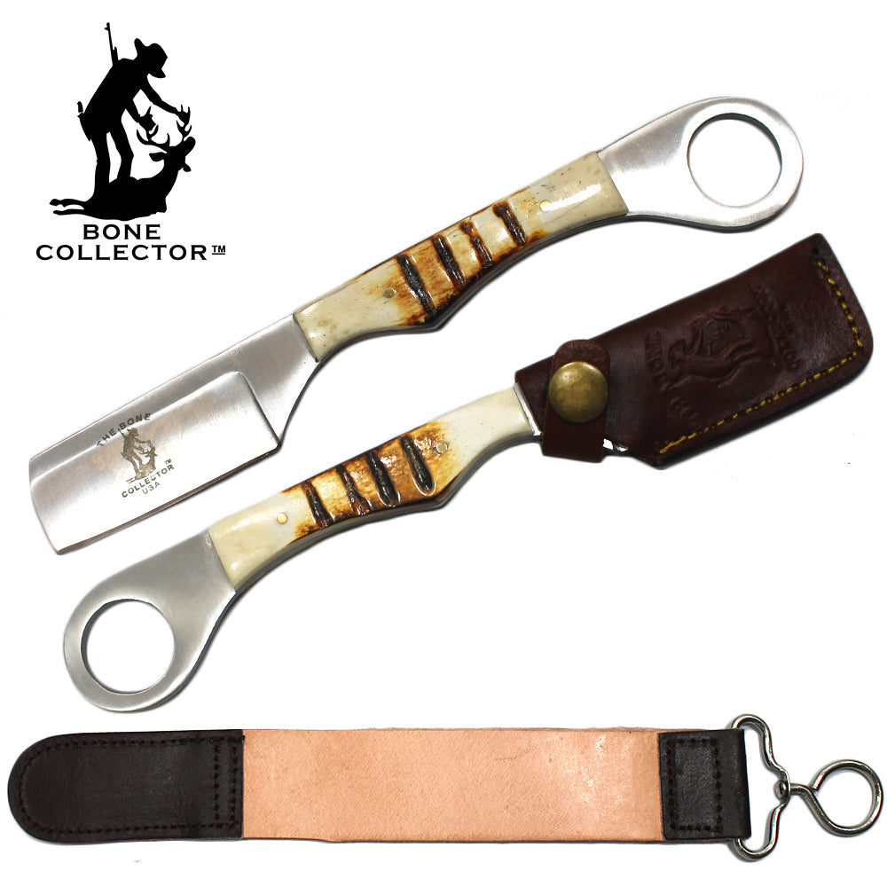 BC 866-BN 8" Bone Handle Razor Knife with Leather Sheath & Sharpening Strop Belt