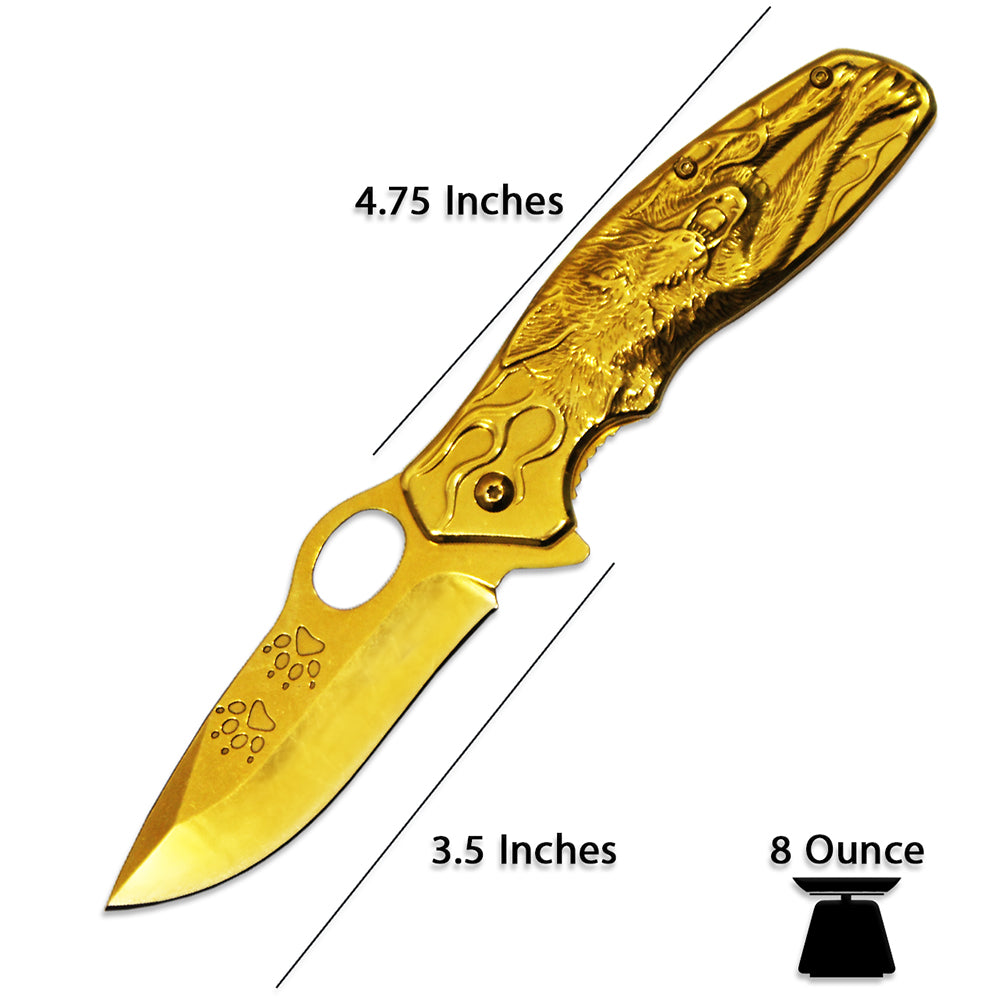 DK 5583-GD 4.75" Heavy Duty Gold Wolf Metal Handle Folding Knife with Belt Clip