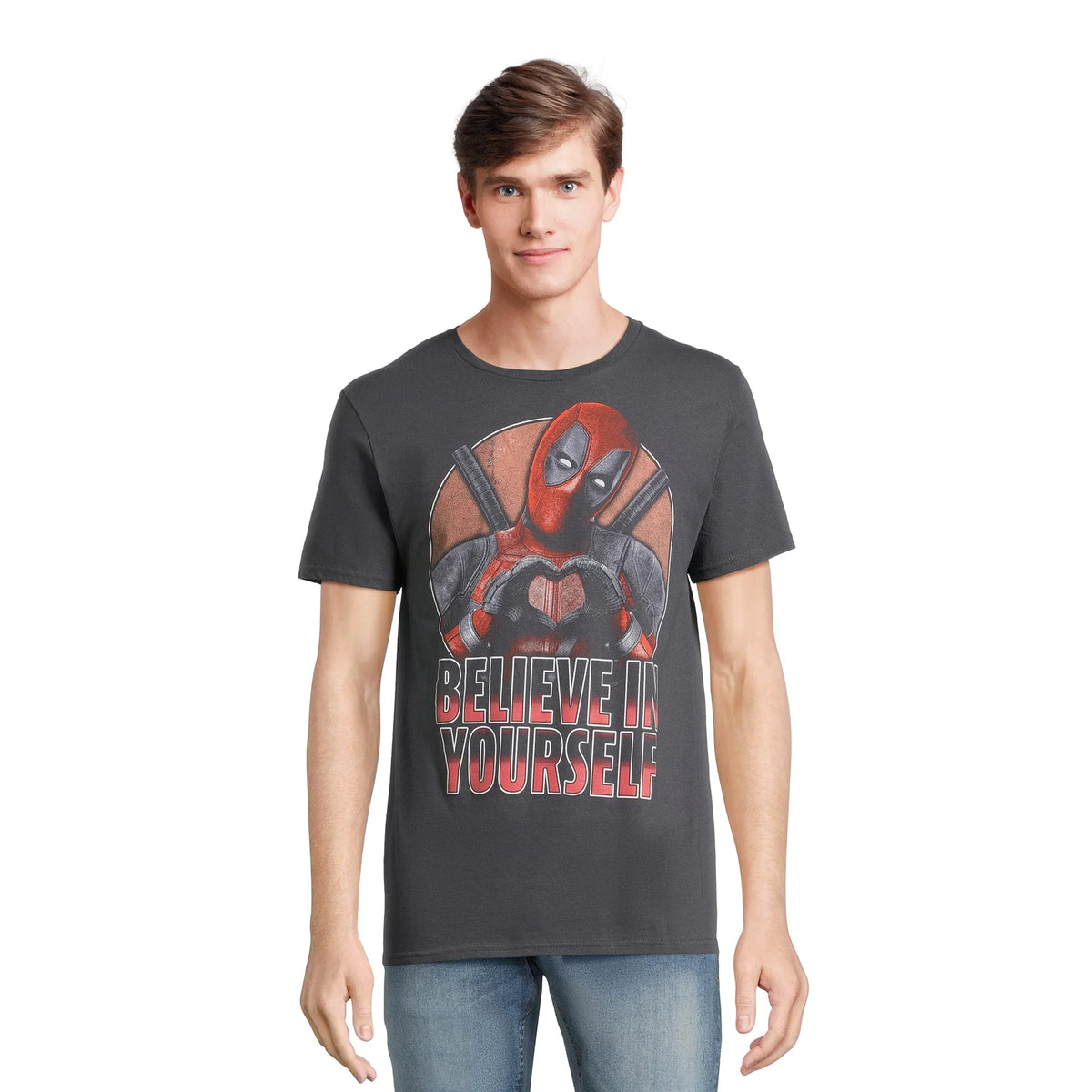 Men's Charcoal Deadpool Believe in Yourself Graphic Tee T-Shirt