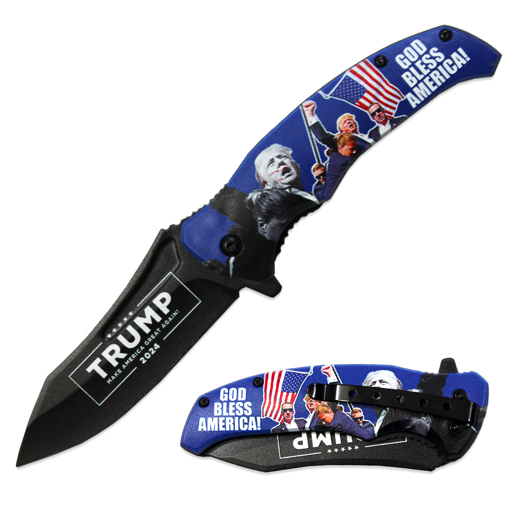 JK 6418-T7 4.5" Trump God Bless America Double Sided Print Assist-Open Folding Knife with Pocket Clip - Rex Distributor, Inc. Wholesale Licensed Products and T-shirts, Sporting goods,