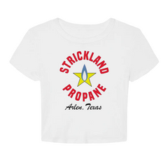 Women Junior's King of the Hill Strickland Propane Logo White Rib Baby Tee