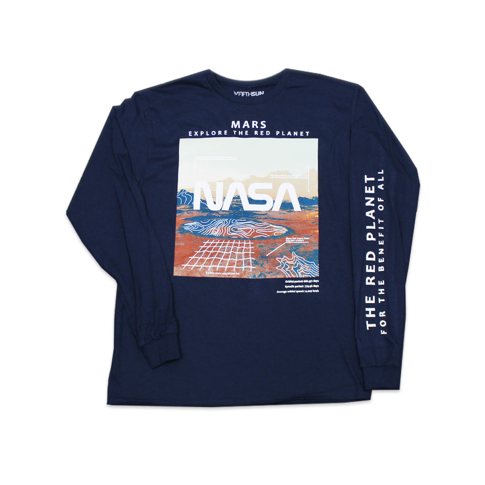 Men's Blue NASA Mars Long Sleeve Graphic Tee T-Shirt