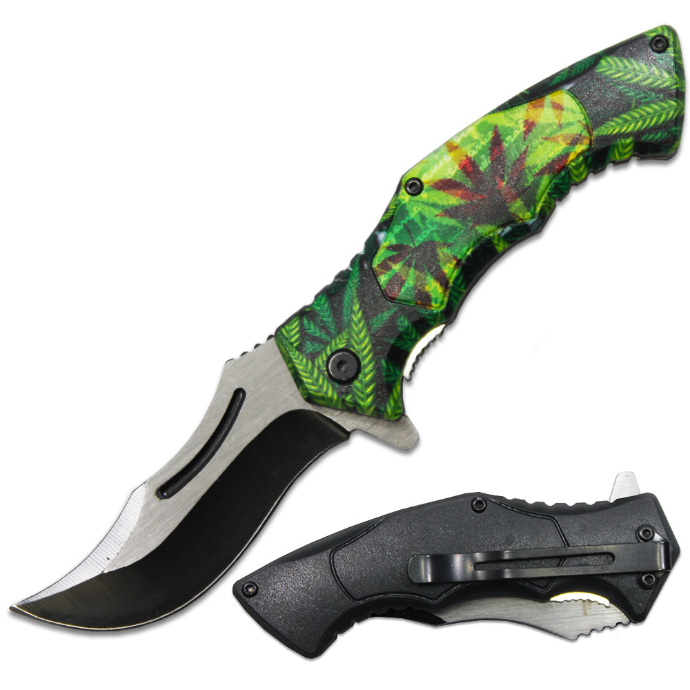 PK 6080-M2 4.5" Cannabis Leaf Handle Assist-Open Folding Knife with Belt Clip - Rex Distributor, Inc. Wholesale Licensed Products and T-shirts, Sporting goods,