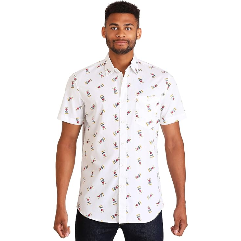 Men's Miller Can Beer Button Up Woven Shirt with Logo Pattern