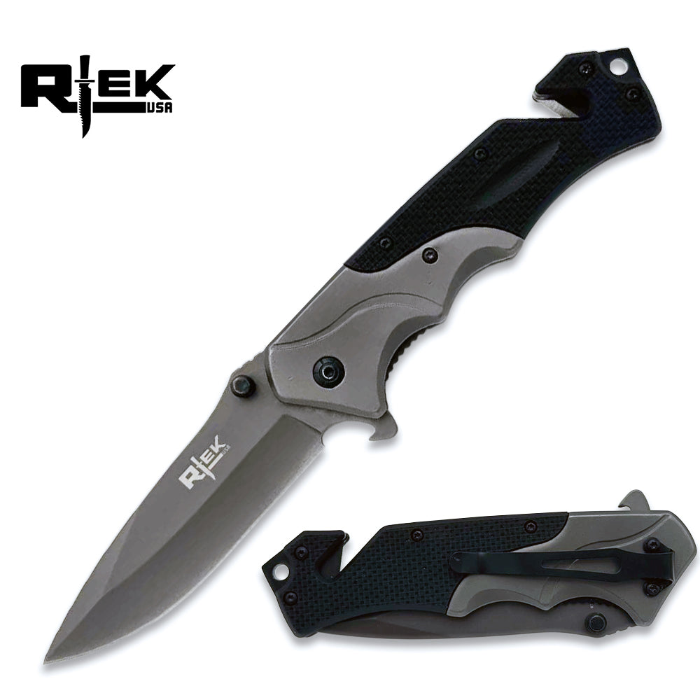 RT 2016-BK 4.75" Black G-10 Handle Assist Open Folding Knife with Belt Cutter & Glass Breaker