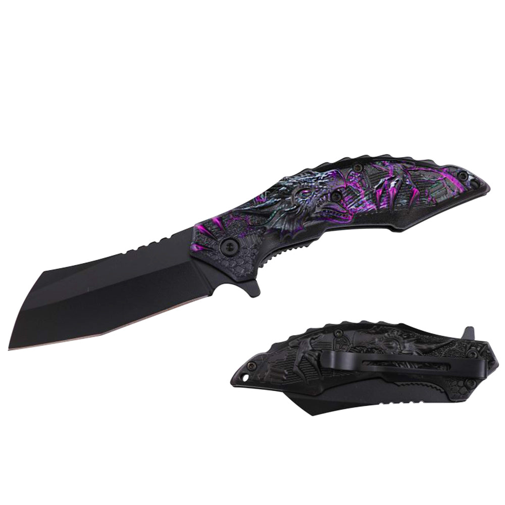 RT 7368-PU 4.25" Purple Dragon 3D Handle Cleaver Blade Assist-Open Folding Knife with Belt Clip - Rex Distributor, Inc. Wholesale Licensed Products and T-shirts, Sporting goods,