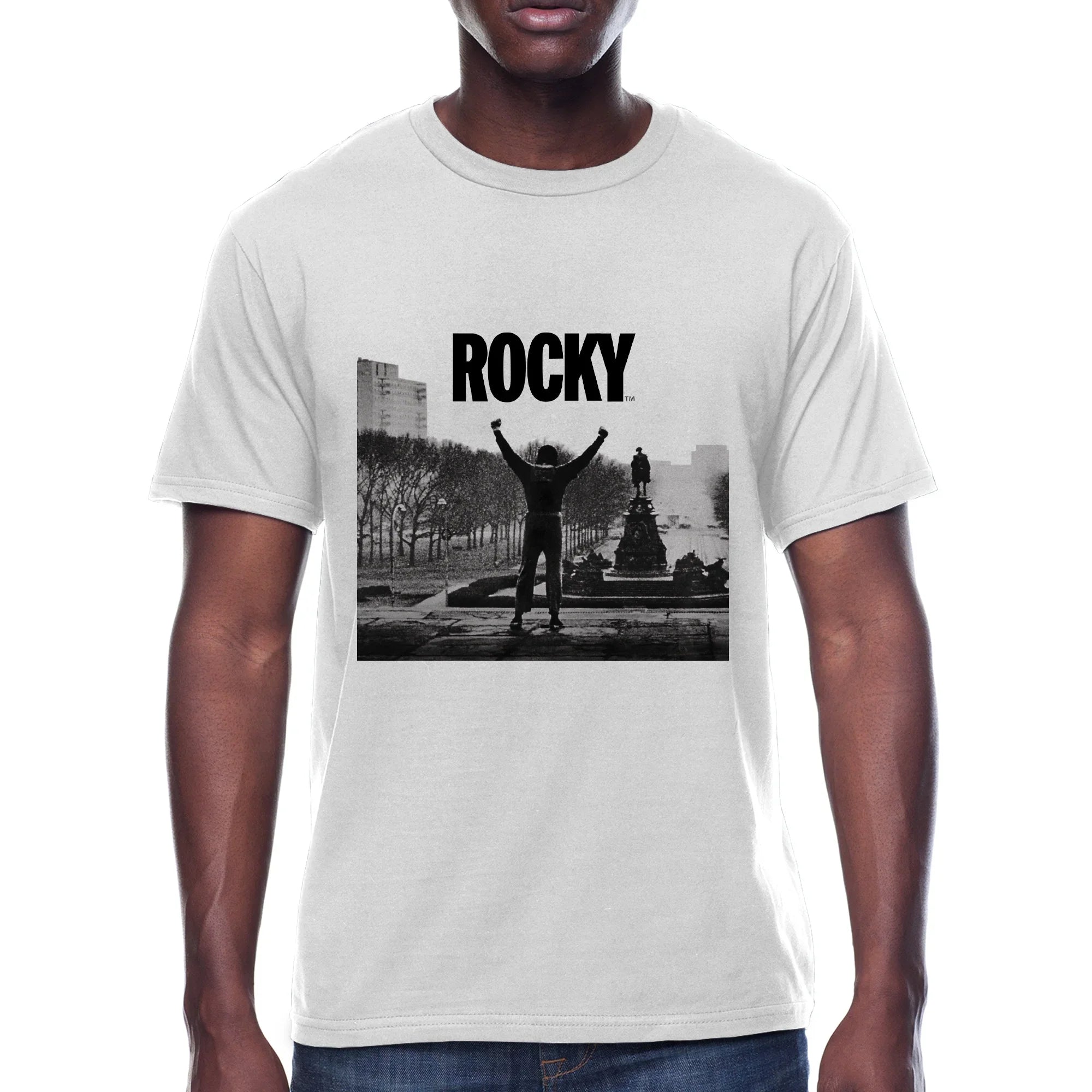 Men's White Rocky Stairs Graphic Crew Neck T-Shirt Tee - Rex Distributor, Inc. Wholesale Licensed Products and T-shirts, Sporting goods,