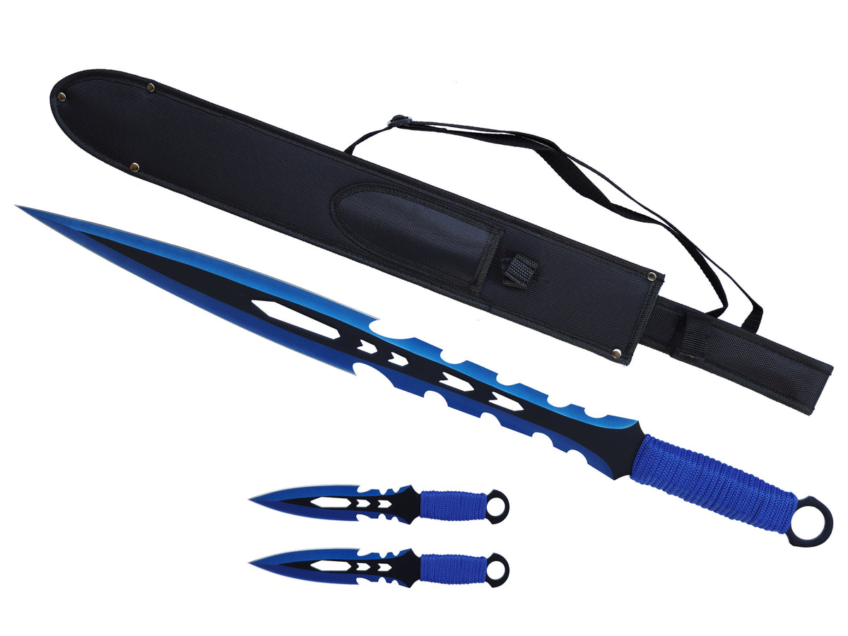 T 661084-BL 27″ Blue Tactical Machete Sword w/ Two 7.5″ Throwing Knives