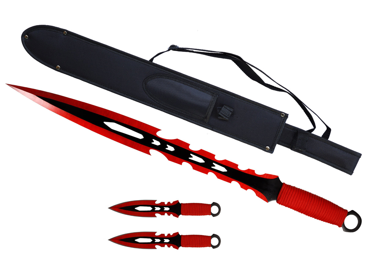 T 661084-RD 27″ Red Tactical Machete Sword w/ Two 7.5″ Throwing Knives
