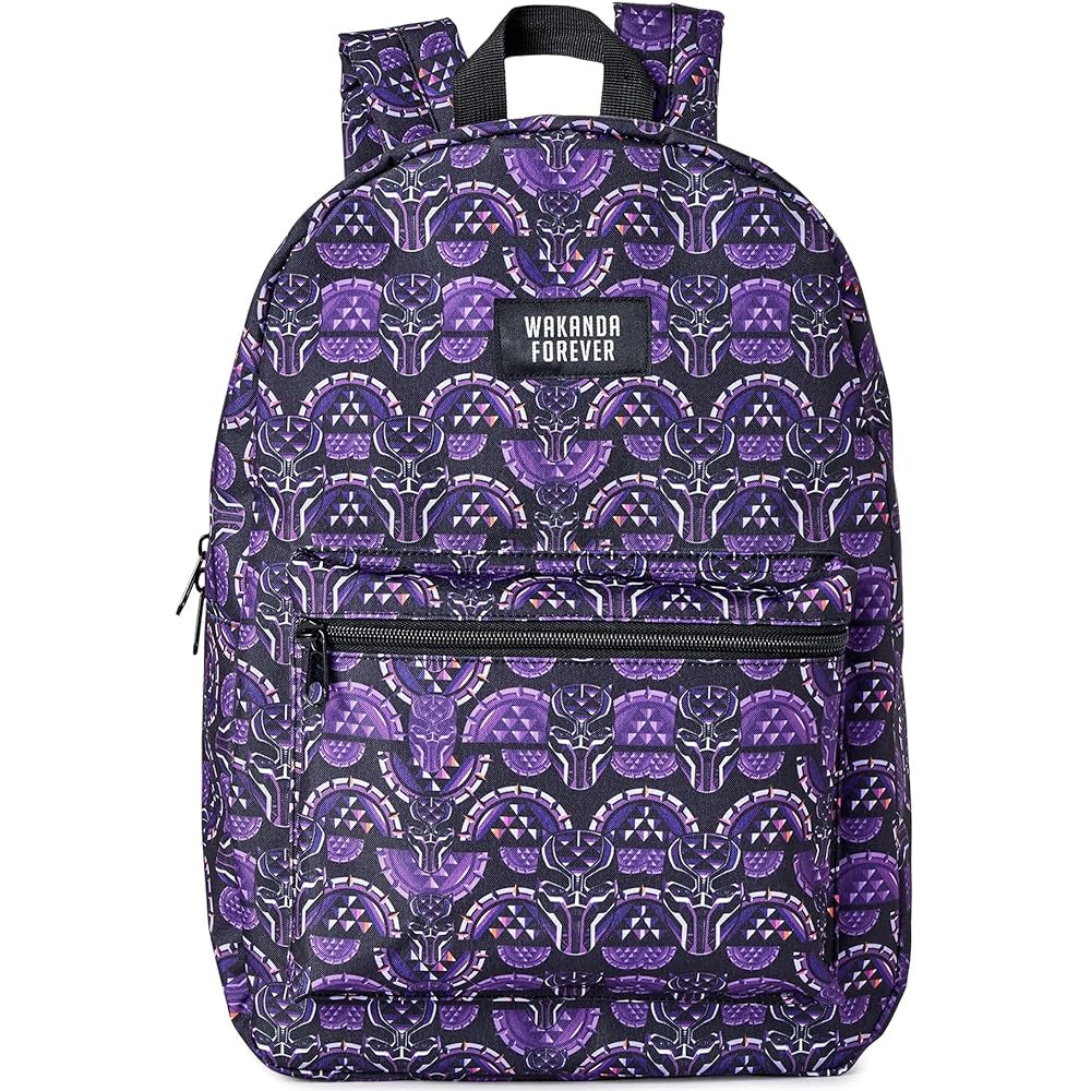 Purple backpack with black pattern and 'Wakanda Forever' text on a white background