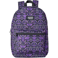 Purple backpack with black pattern and 'Wakanda Forever' text on a white background