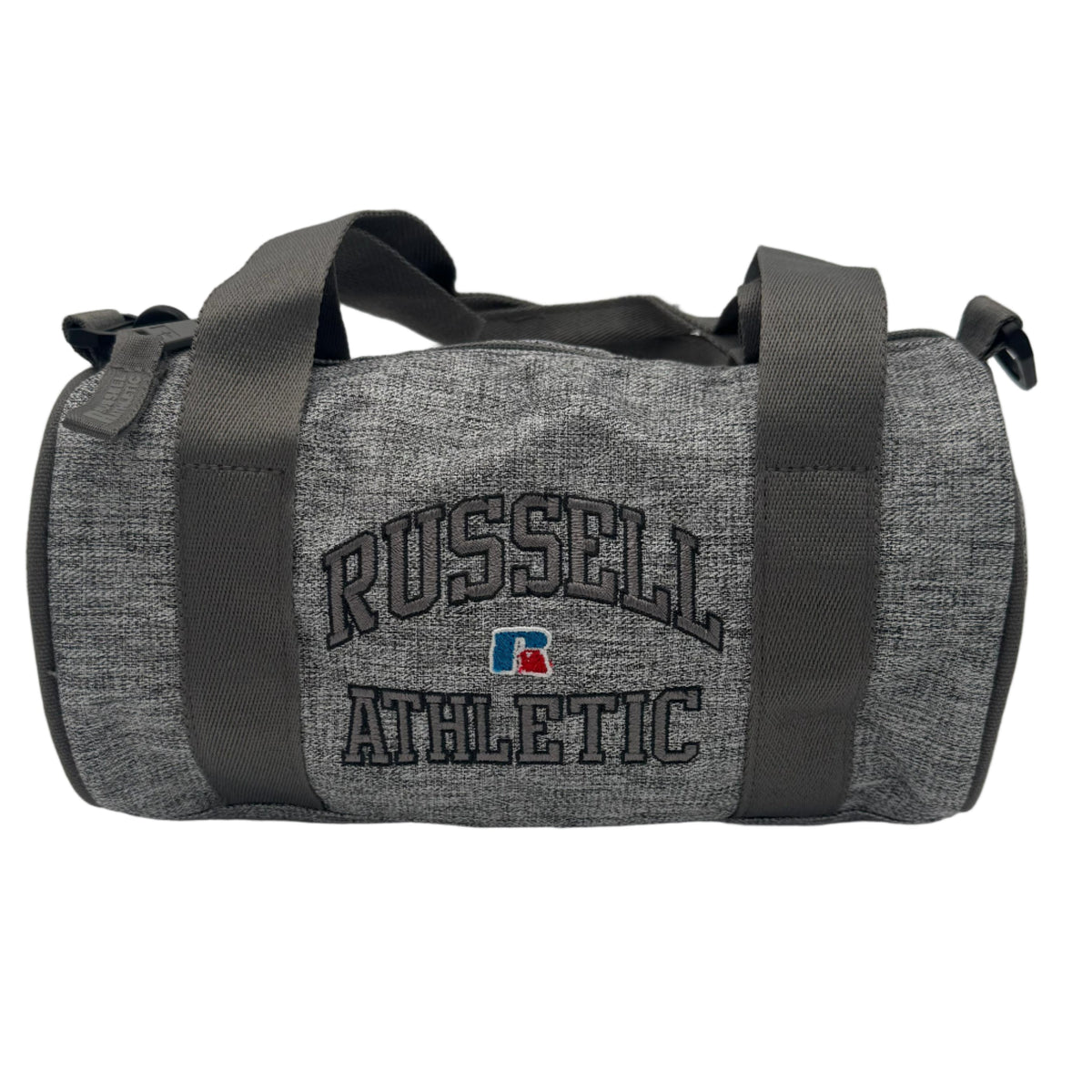 Gray duffel bag with 'Russell Athletic' logo on a white background