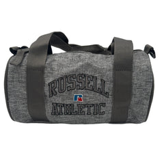 Gray duffel bag with 'Russell Athletic' logo on a white background