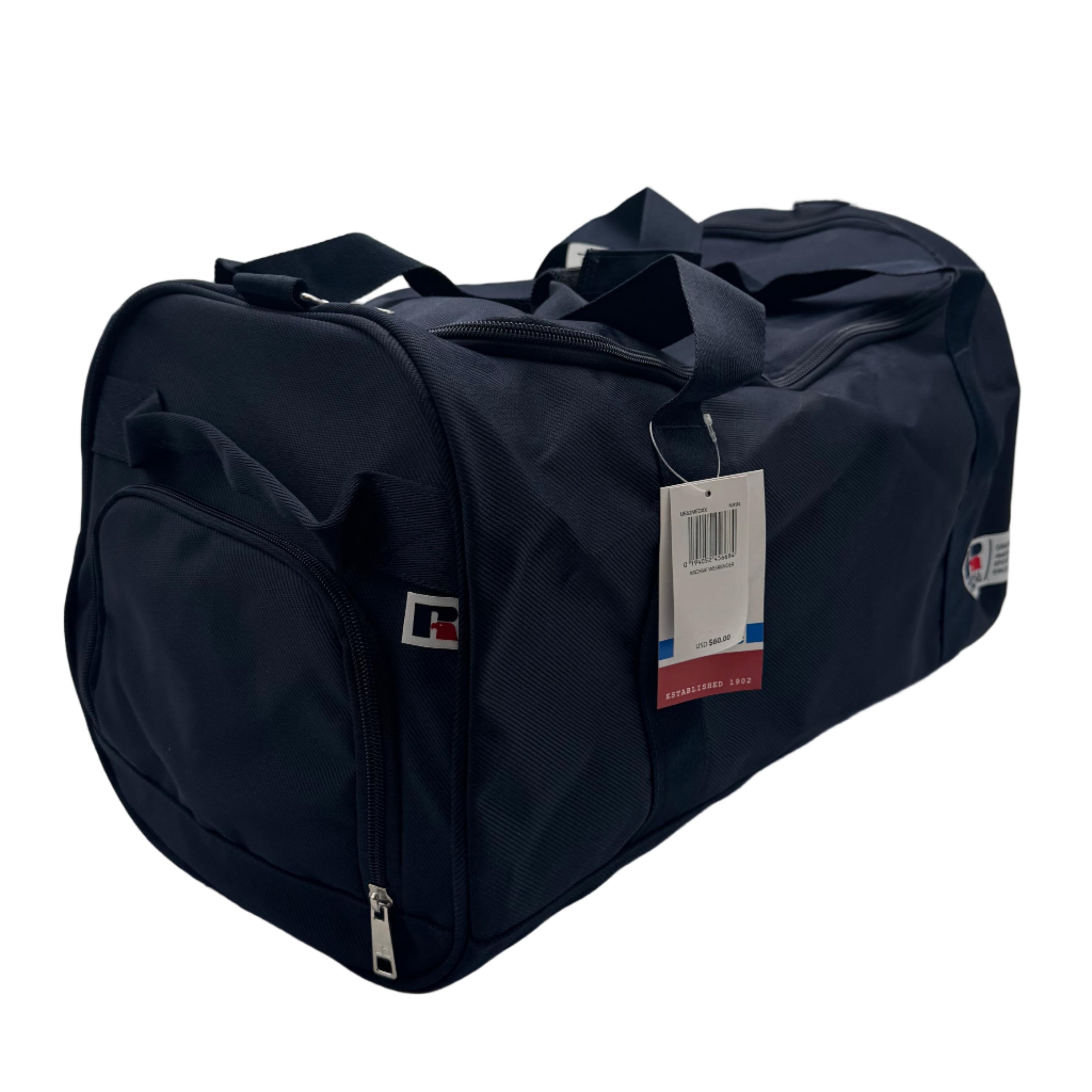 Black duffel bag with a tag on a white background